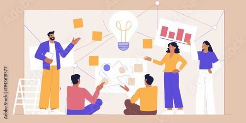 Team brainstorming session with ideas visualized on a wall