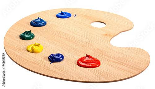 Wooden palette with blobs of vibrant paints blue, green, yellow, and red hues