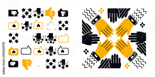 Abstract illustration featuring hands thumbs and star like shapes in yellow and black