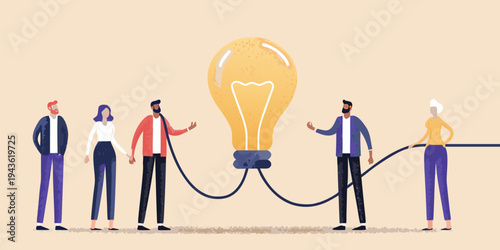 Diverse team collaborates around a bright idea represented by a lightbulb