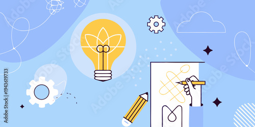 A bright idea illustration of a lightbulb gears and creative drawing