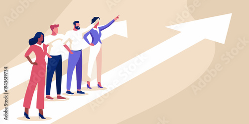 Business team celebrating success with an upward trending arrow graphic