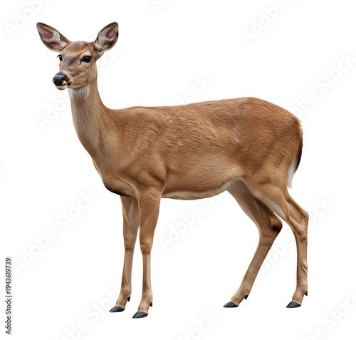 Graceful female deer standing in relaxed pose, smooth brown coat, natural wildlife anatomy, transparent background