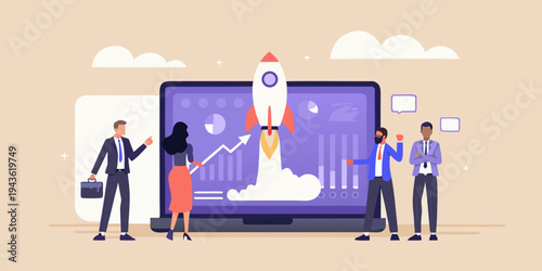 Team watches a rocket launch from a laptop screen symbolizing growth