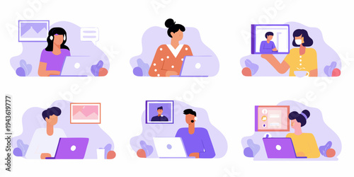 Diverse people participating in video conferences and remote work settings