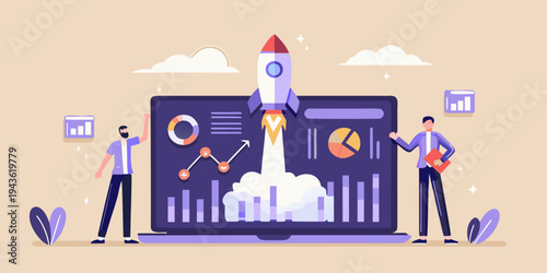 A rocket launching from a laptop screen symbolizing business growth and innovation