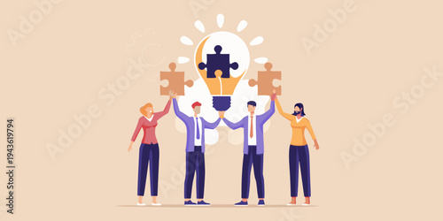 Teamwork illuminates a solution people connecting puzzle pieces with a lightbulb