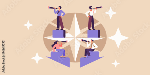 People looking through telescopes positioned on a compass rose design