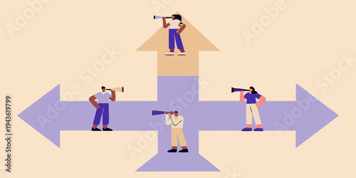 People using megaphones at the intersection of directional arrows