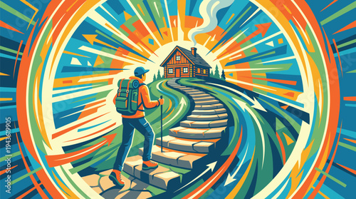 Person Walking on Vibrant Colorful Pathway Towards House.