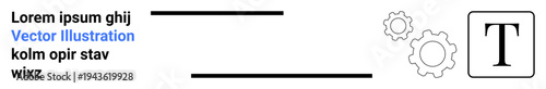 Editorial design, content creation, technology systems, workflow optimization, data integration, template design. Text layout with gears and placeholder text. Editorial design and technology systems