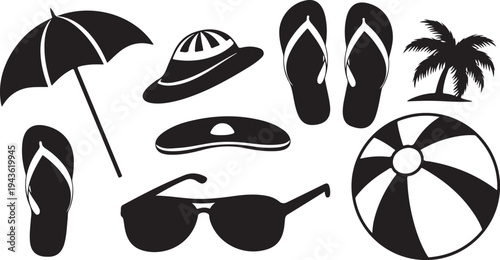 Summer Vacation Icons and Beach Symbols in Black Silhouette