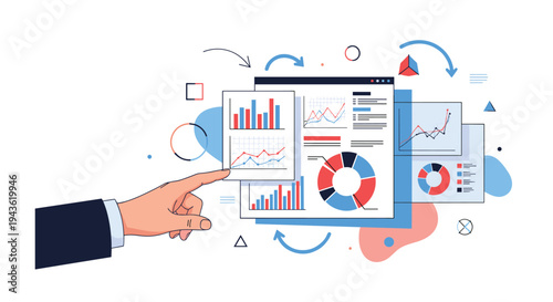 Data analysis professional pointing to digital dashboard with various charts graphs and pie diagrams for business performance tracking.