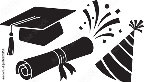 Graduation Celebration Icon with Cap Diploma and Party Hat