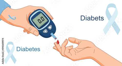 Diabetes awareness and healthcare concept showing blood glucose monitoring with meter and drop alongside blue symbolic ribbons.