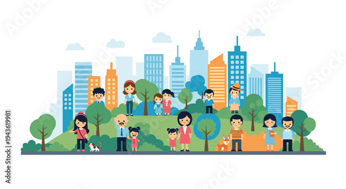 Vibrant city park scene with diverse families people and pets enjoying outdoor activities against a modern urban skyline background.