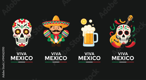 Mexican culture icon set featuring sugar skull mariachi musician with maracas beer and guitar for Day of the Dead celebrations.