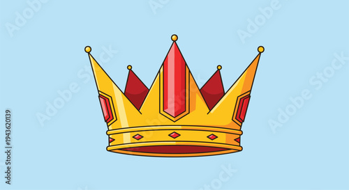 Royal golden crown adorned with red precious jewels and diamonds on a light blue background representing power and royalty.