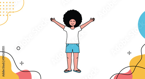 Happy cheerful person with large afro hairstyle raising arms in joy against a colorful abstract geometric background.