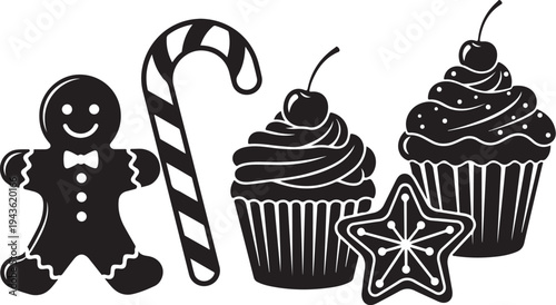 Black and white Christmas sweets and treats illustration set