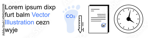 Carbon footprint, environmental metrics, time efficiency, CO2 emission reduction, document tracking, resource management. Blue footprint icon with CO2, clock and document illustration. Environmental