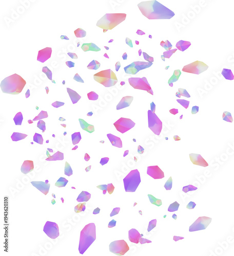 Iridescent 3D crystal shards floating and scattered circular burst patternVibrant prismatic rainbow gems with soft pastel pink, purple, and blue gradients.