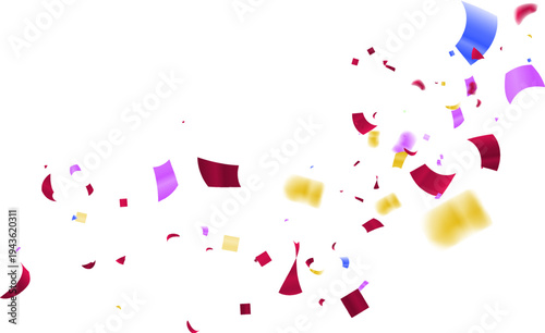 Vibrant falling confetti and colorful paper foil fragments isolated  Dynamic scattering of red purple blue and gold pieces