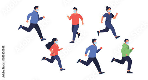Group of people wearing face masks and jogging outdoors representing health safety and fitness during a pandemic.