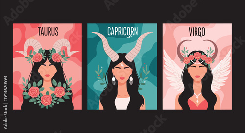 Artistic representation of earth zodiac signs Taurus Capricorn and Virgo as beautiful women with symbolic horns and wings.