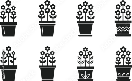 Black vector silhouette collection of decorative flower pots featuring blooming floral arrangements and stylized blossoms for interior garden design and modern home decor projects.