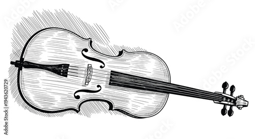 Hand-drawn engraving of a classical cello string instrument shown from a top-down perspective against a textured hatching background.