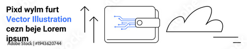 Financial technology, data storage, cloud computing, digital transactions, fintech growth, innovation. Minimalistic wallet graphic with digital circuits, cloud and upward arrows. Financial technology