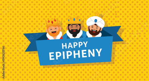 Festive celebration banner for Happy Epiphany featuring cartoon illustrations of the Three Wise Men on a vibrant yellow polka-dot background.