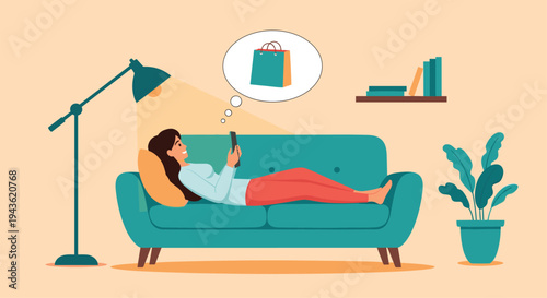 Young woman relaxing on a green sofa under a floor lamp while using a digital tablet to browse for new products during an online shopping session.