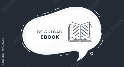 Clean graphic design for downloading an ebook presented within a white speech bubble icon on a dark grey background with an open book symbol.