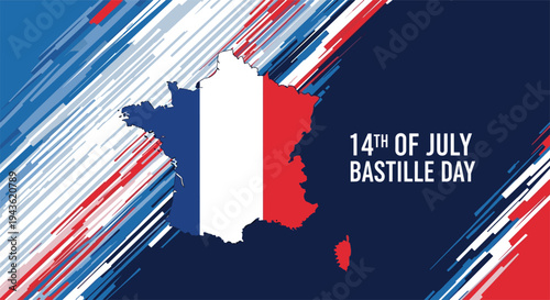 Bastille Day commemorative graphic featuring the map of France filled with national flag colors against a dynamic blue and white background.