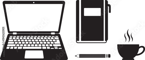 Office workspace with laptop, notebook, and coffee cup setup