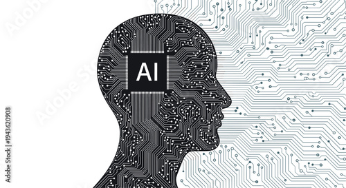 Silhouette of a human head filled with complex electronic circuit patterns and an AI chip centered on the forehead representing artificial intelligence.