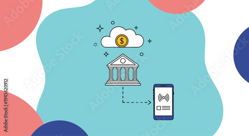 Mobile banking conceptual illustration showing money transferring from a bank building to a smartphone on a colorful abstract background.
