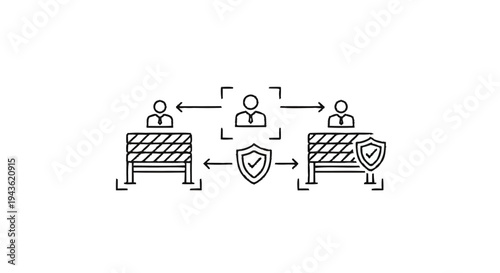 Security barriers and people with protection shield icon.