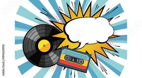 Vibrant pop-art style illustration of vintage music formats including a black vinyl record and a cassette tape on a sunburst background.
