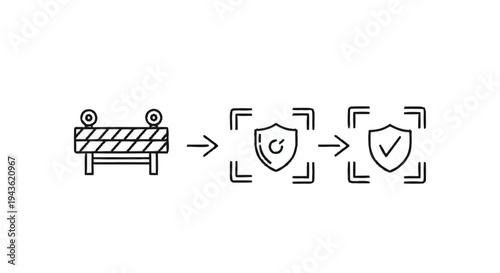 Security barrier transforms into verified protection symbol.