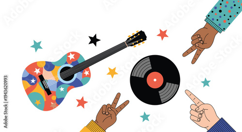 Colorful music celebration artwork with a patterned acoustic guitar, a vinyl record, and hands making peace and pointing gestures.