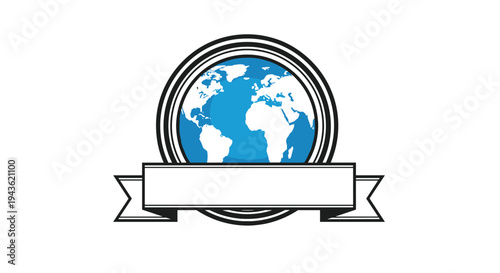 Formal blue and white globe map emblem enclosed in a circular shield frame with a blank ribbon banner for text and branding.