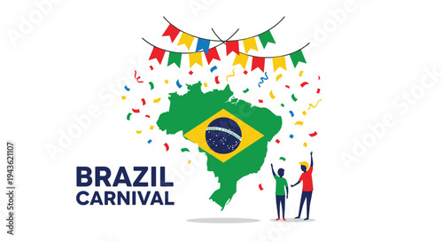 Brazil Carnival celebration featuring a map of Brazil with its national flag colors surrounded by colorful confetti and dancing people.