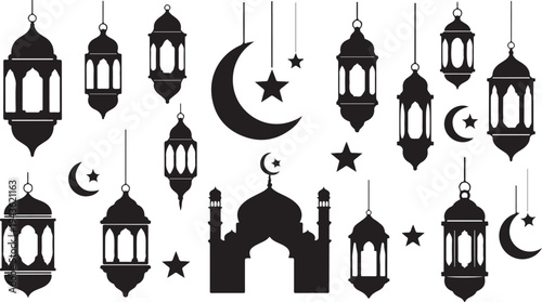 Ramadan Kareem decorations with lanterns and mosque silhouette icons