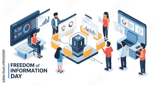 Illustration of people interacting with large computer screens and documents on Freedom of Information Day, promoting democratic transparency and public access to data in a modern,