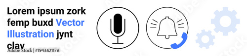 Digital tools, notifications, voice control, automation, app development, communication. Black microphone icon, bell with call indicator and gear symbols. Digital tools and notifications concept