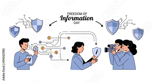 Vector illustration of people accessing and sharing information with shields and flowcharts on Freedom of Information Day, promoting transparency and public records request in governance.