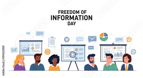 Diverse group of people sitting at a table with computers and graphs on screens, celebrating Freedom of Information Day with a concept of democratic transparency and public information